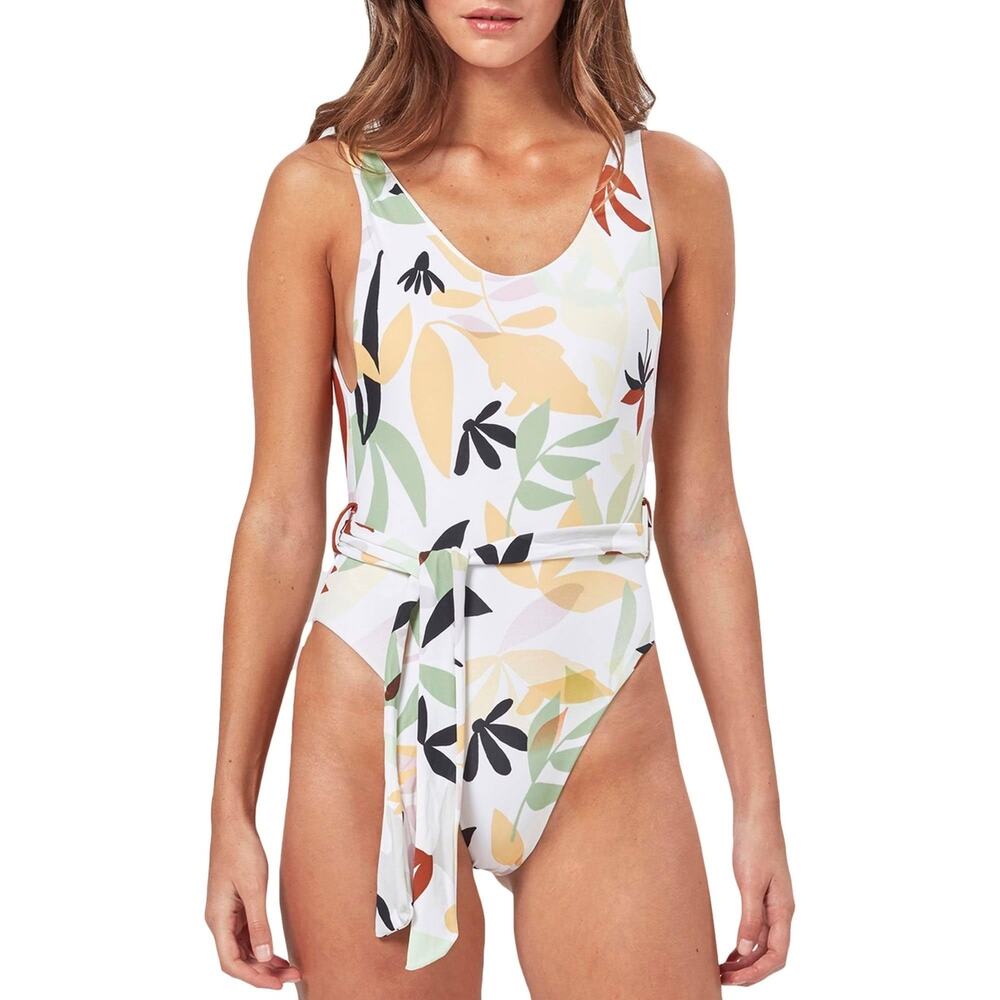Anthropologie Charlie Holiday Tropical Malibu Belted White One Piece Swimsuit XS